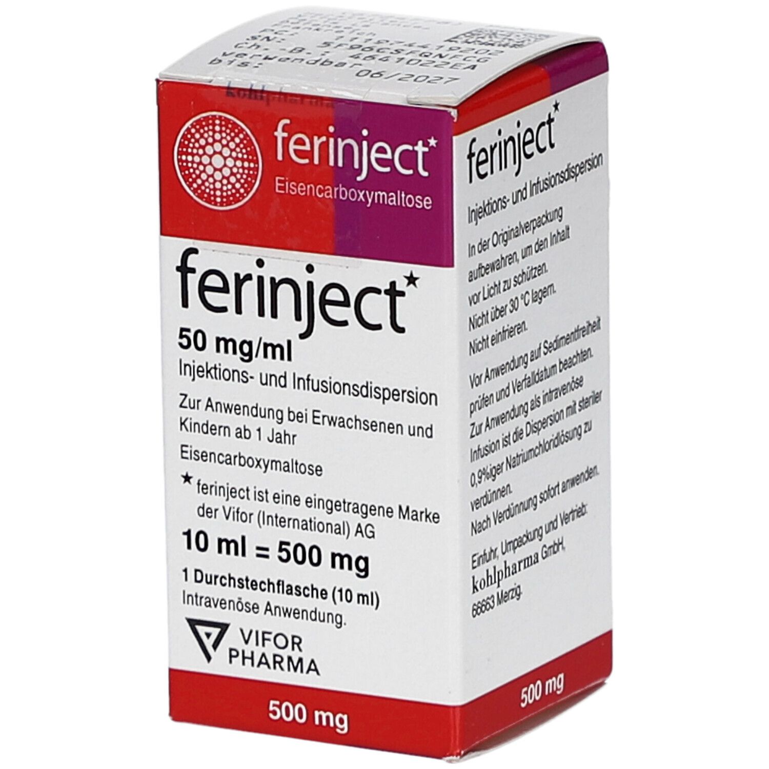 Karton von FERINJECT. Aufschrift: 50 mg/ml, Injektions- und Infusionsdispersion. VIFOR PHARMA Logo. 500 mg.