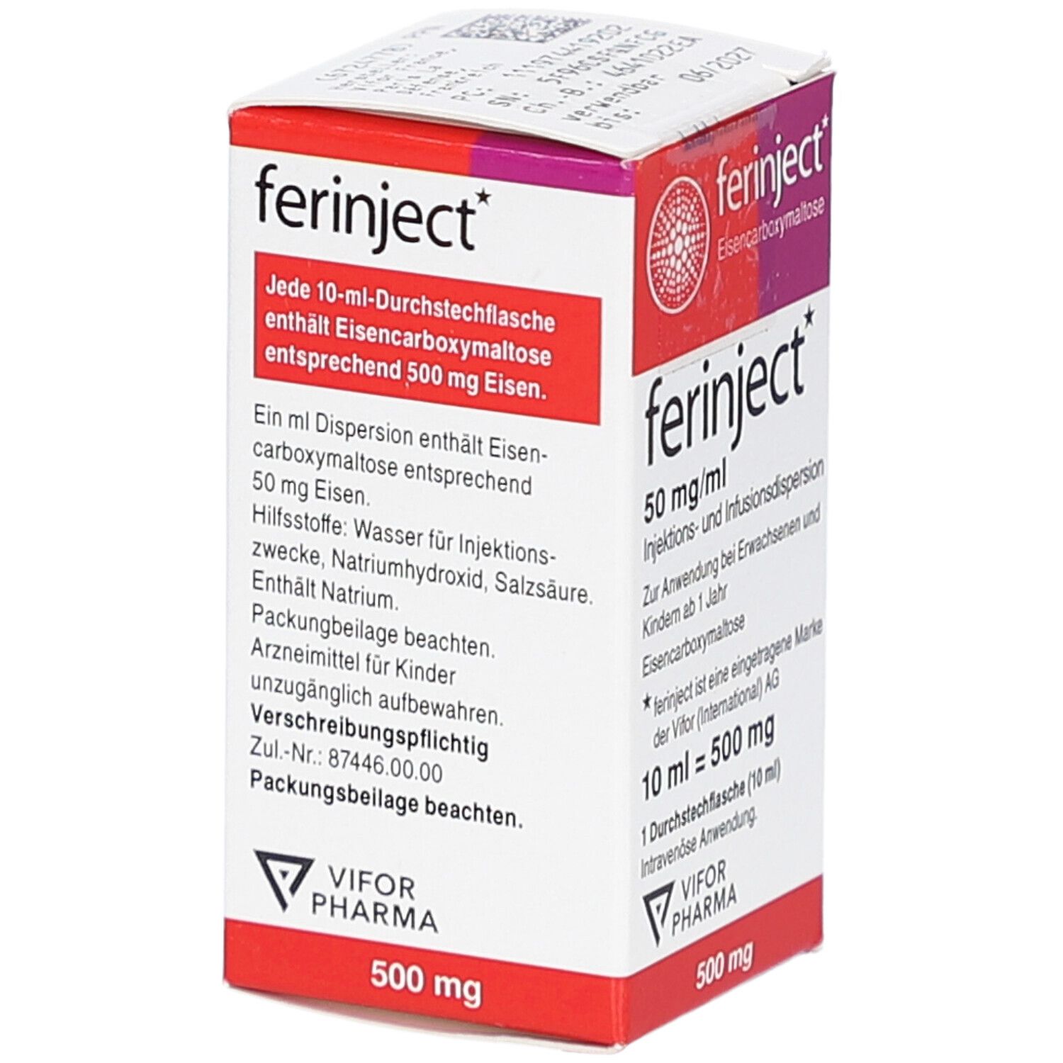 Karton von FERINJECT. Text: 10 ml Durchstechflasche enthält Eisen. VIFOR PHARMA Logo. 500 mg.
