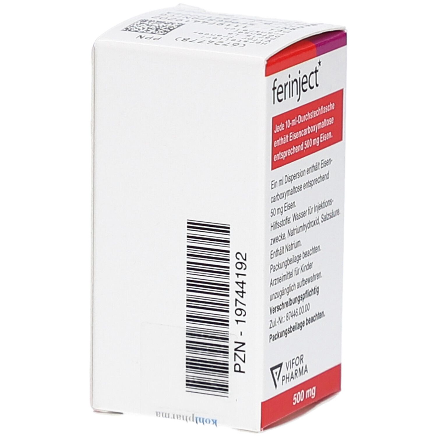 Karton von FERINJECT. Rückseite mit Text und Barcode. VIFOR PHARMA Logo. 500 mg.