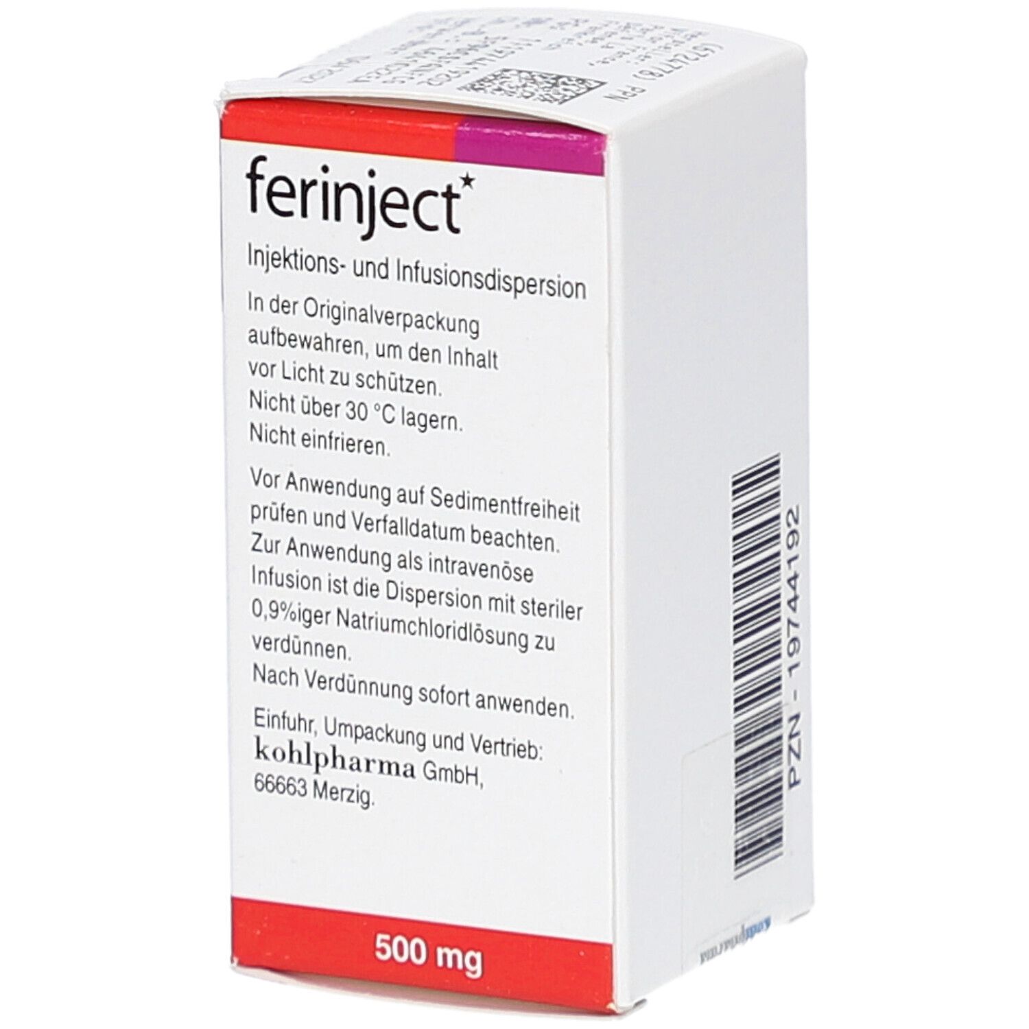 Karton von FERINJECT. Text: In der Originalverpackung aufbewahren. VIFOR PHARMA Logo. 500 mg.