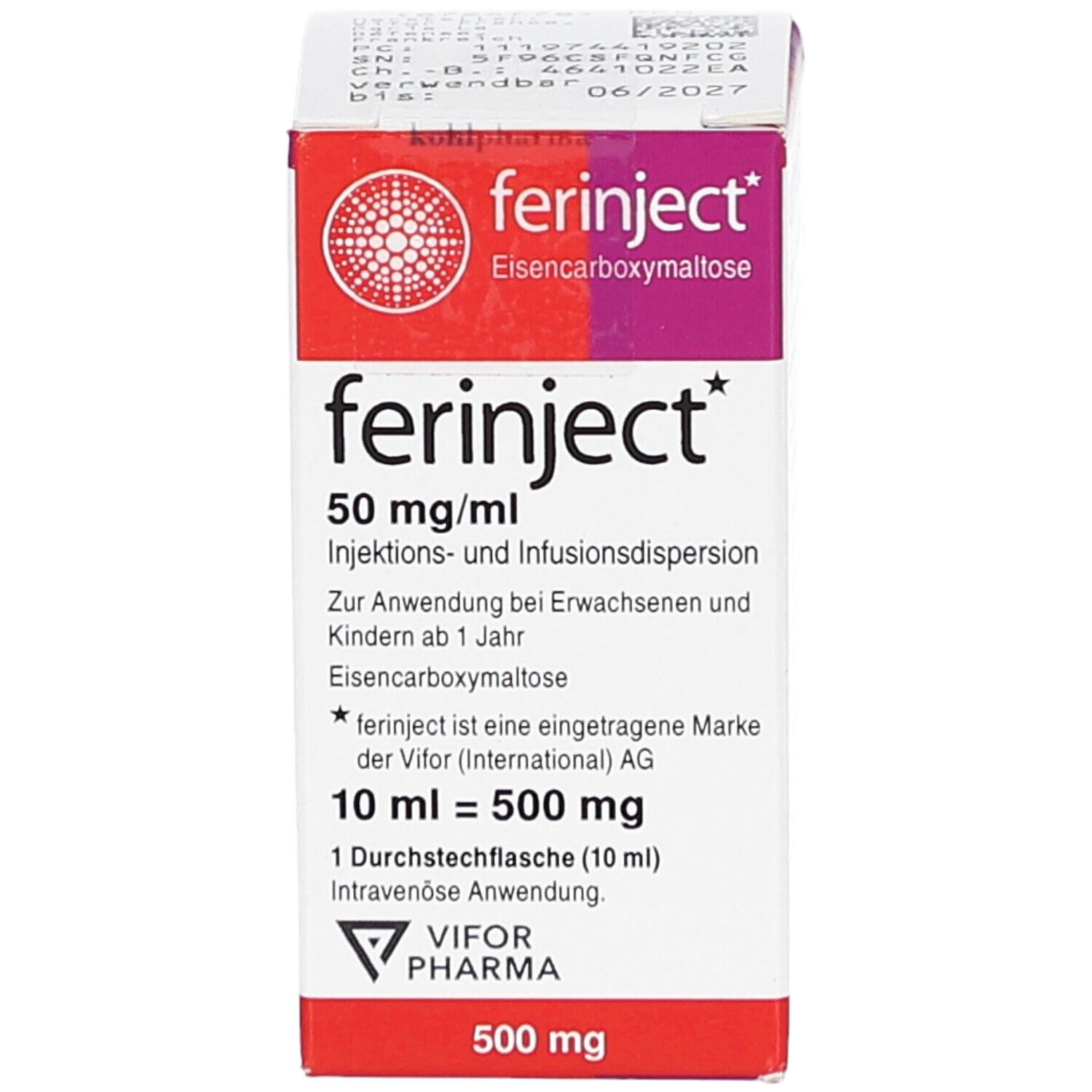 Karton von FERINJECT. Aufschrift: 50 mg/ml, Injektions- und Infusionsdispersion. VIFOR PHARMA Logo. 500 mg.