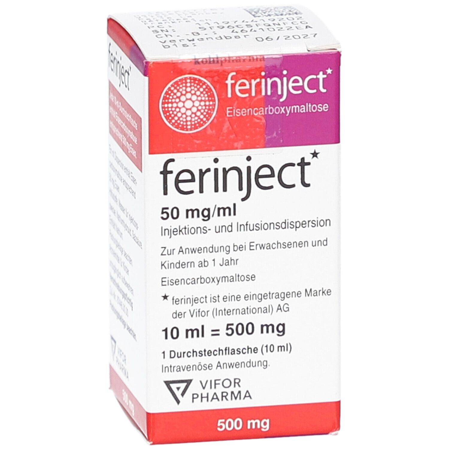 Karton von FERINJECT. Aufschrift: 50 mg/ml, Injektions- und Infusionsdispersion. VIFOR PHARMA Logo. 500 mg.