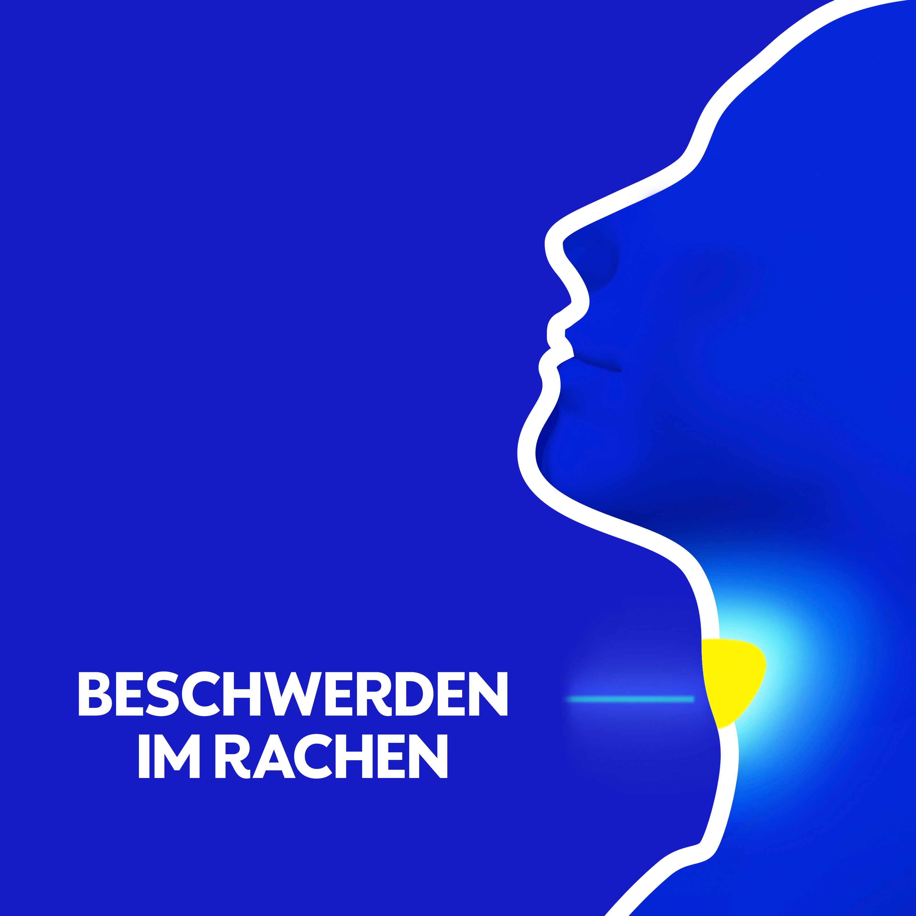 Grafische Darstellung von Beschwerden im Rachenbereich mit leuchtender Zone am Hals.