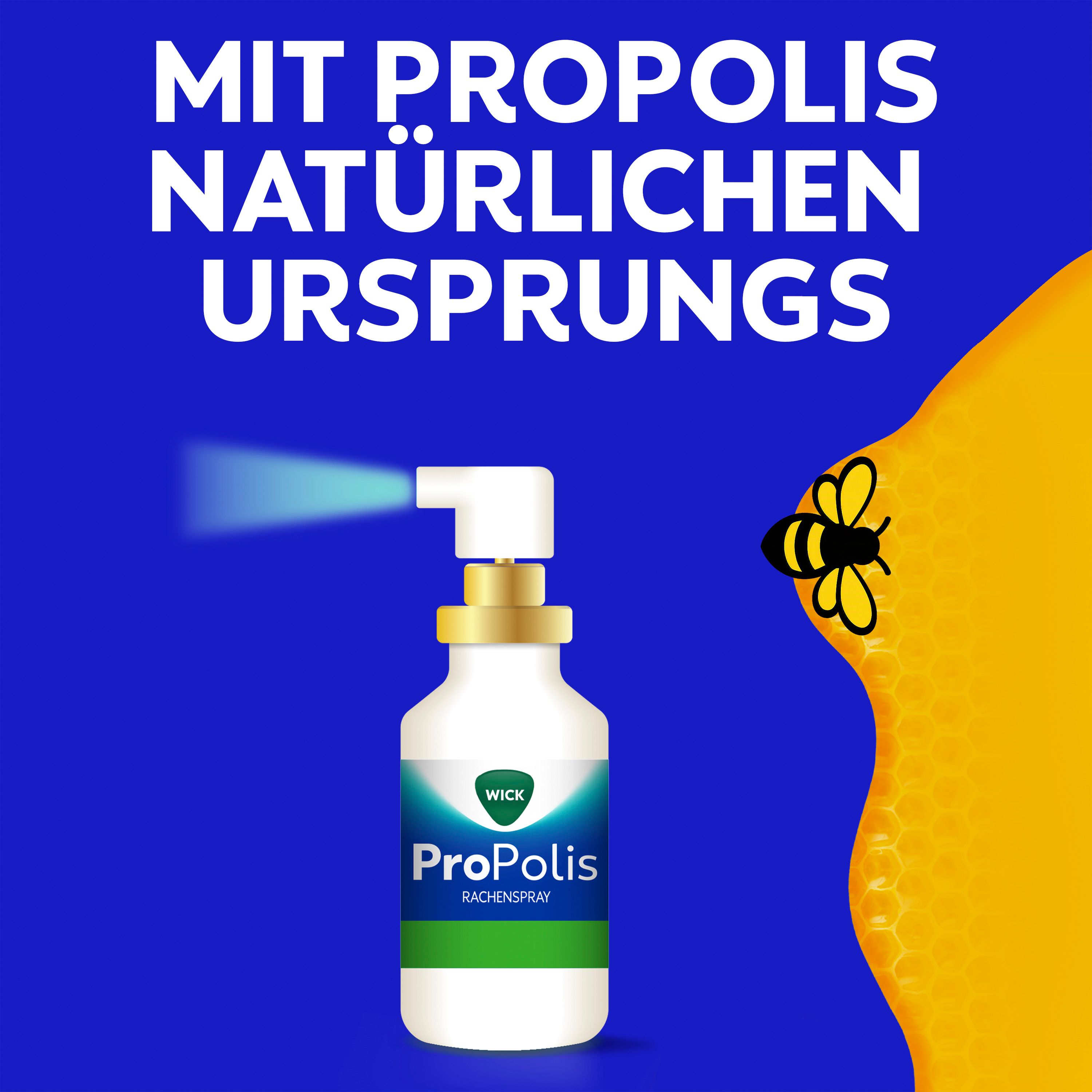WICK ProPolis Rachenspray mit Propolis natürlichen Ursprungs. Biene und Wabenmotiv.