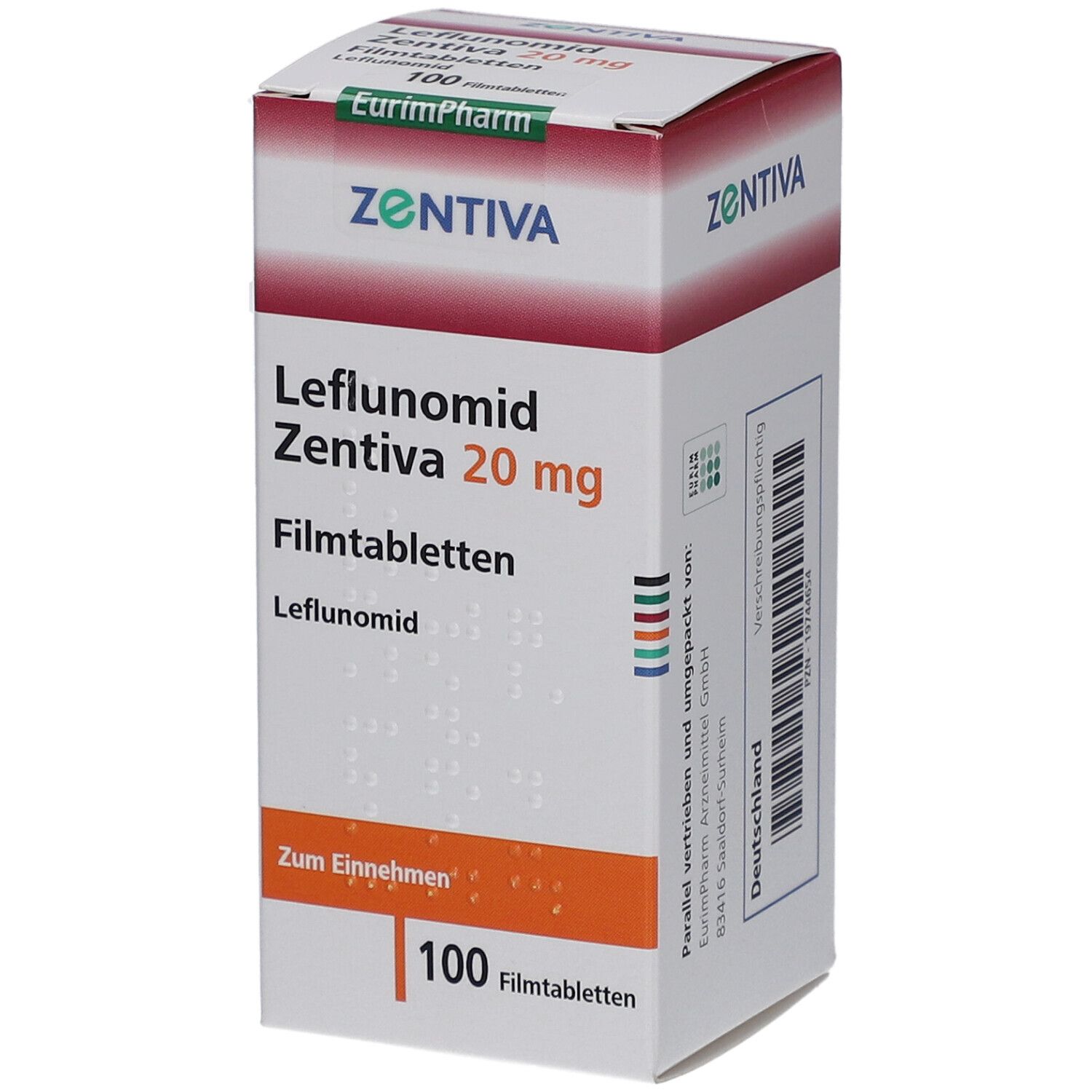 Schachtel mit LEFLUNOMID Zentiva 20 mg Filmtabletten. Aufschrift: 100 Filmtabletten. Marke: Zentiva. Rote und grüne Akzente.