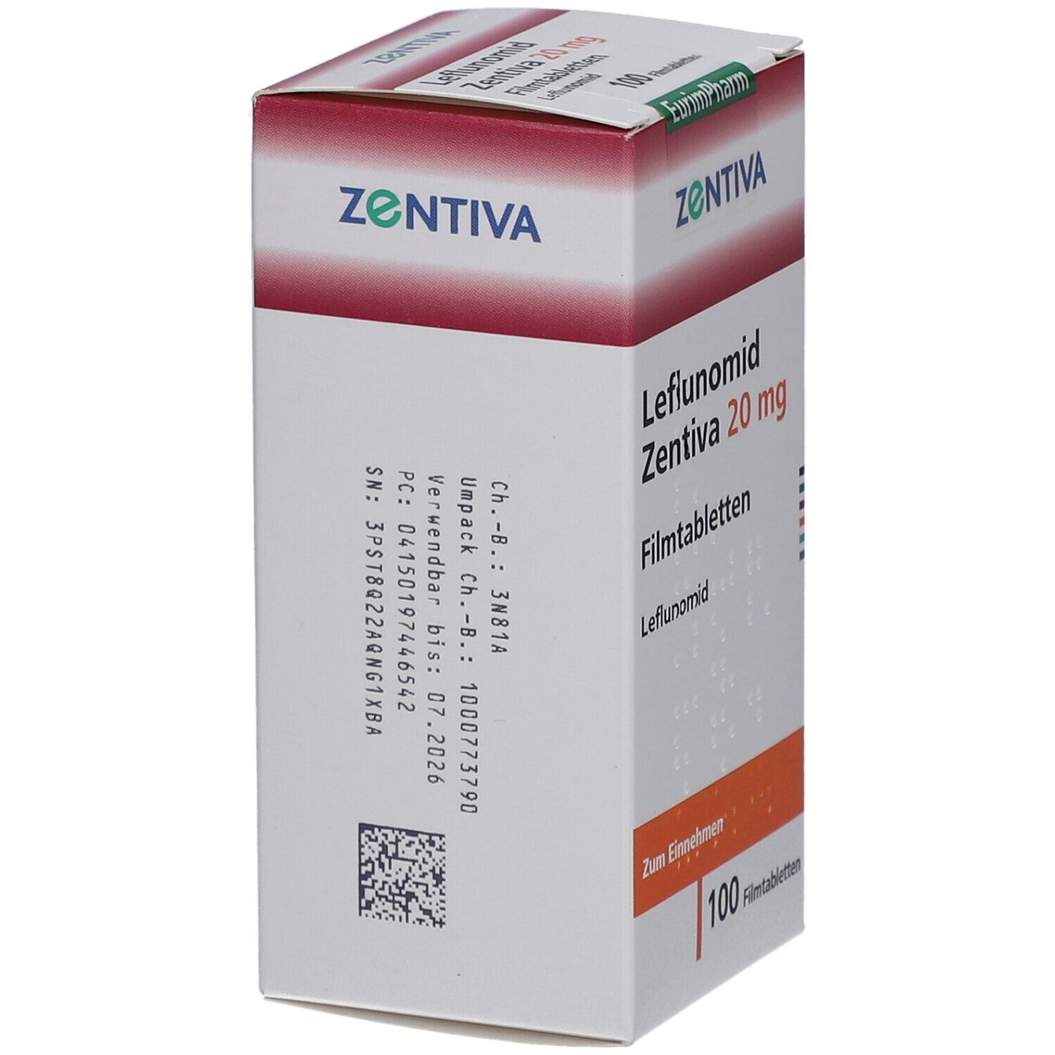 Schachtel LEFLUNOMID Zentiva 20 mg Filmtabletten. Aufschrift: 100 Filmtabletten. Marke: Zentiva. Rückseite mit Text und Barcode.