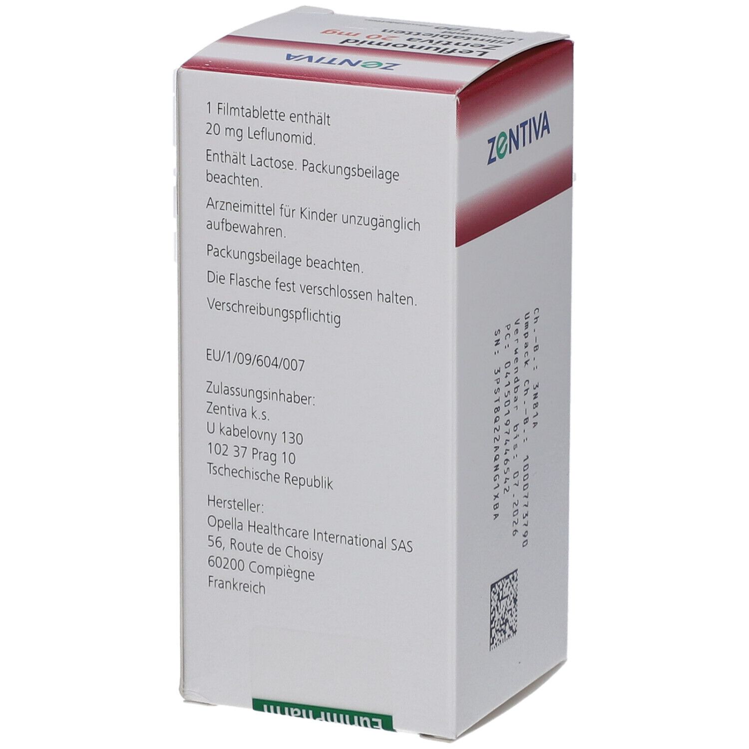Rückseite der Schachtel LEFLUNOMID Zentiva 20 mg Filmtabletten. Textinformationen, Herstelleradresse, Barcode und Zulassungsnummer.