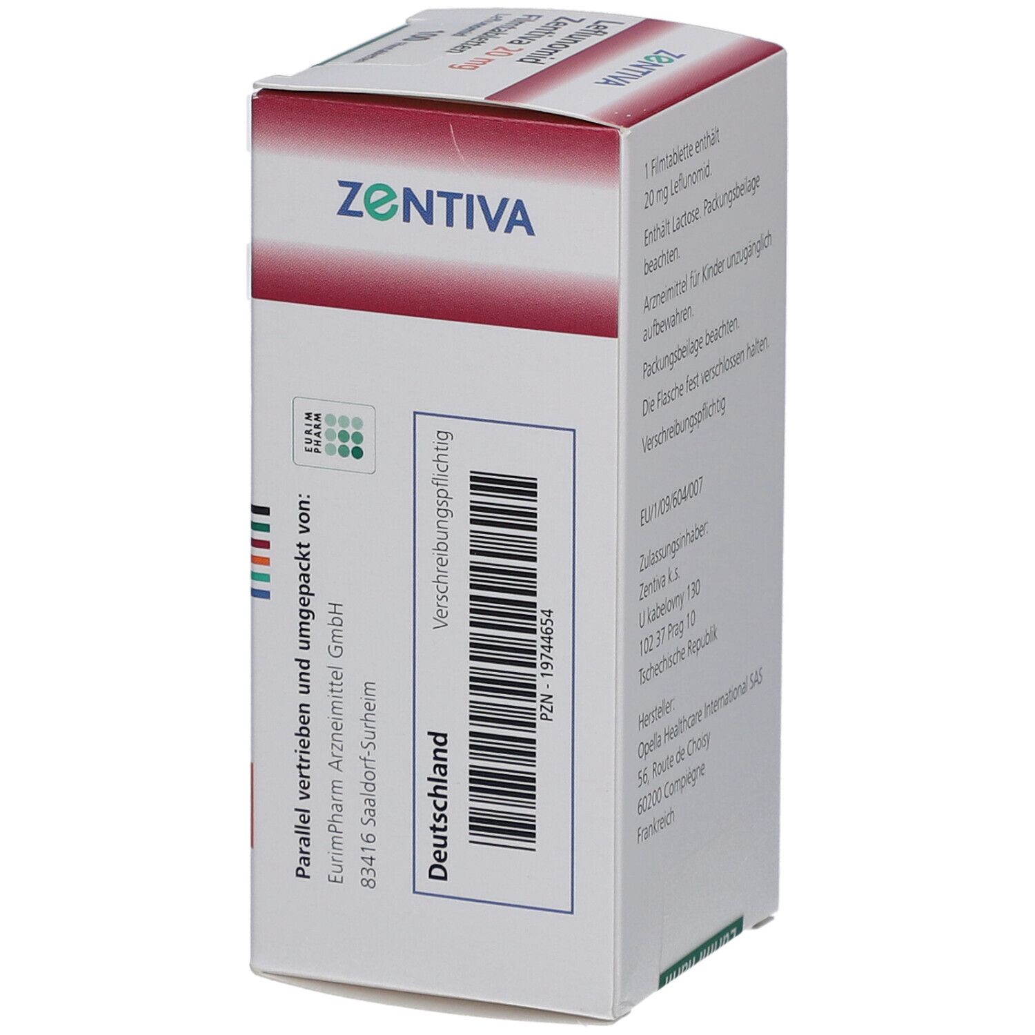 Schachtel LEFLUNOMID Zentiva 20 mg Filmtabletten. Rückseite mit Text, Barcode und PZN-Nummer. Hergestellt in Deutschland.