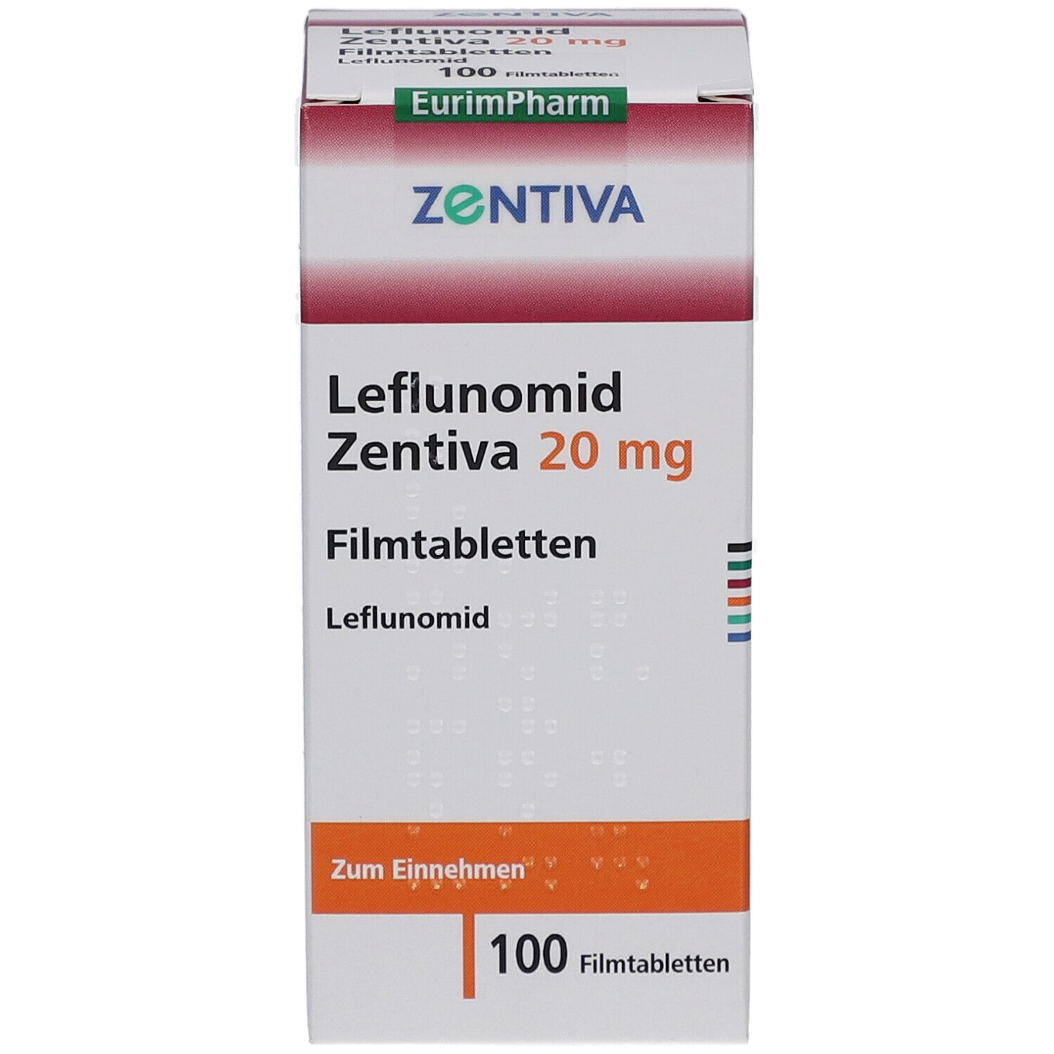 Schachtel LEFLUNOMID Zentiva 20 mg Filmtabletten. Aufschrift: 100 Filmtabletten. Marke: Zentiva. Grüne und rote Akzente.
