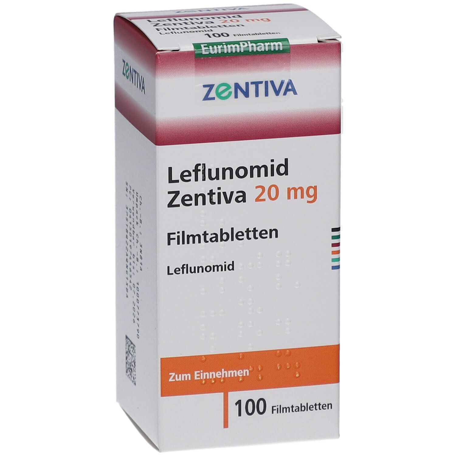 Schachtel LEFLUNOMID Zentiva 20 mg Filmtabletten. Aufschrift: 100 Filmtabletten. Marke: Zentiva. Grüne und rote Akzente.