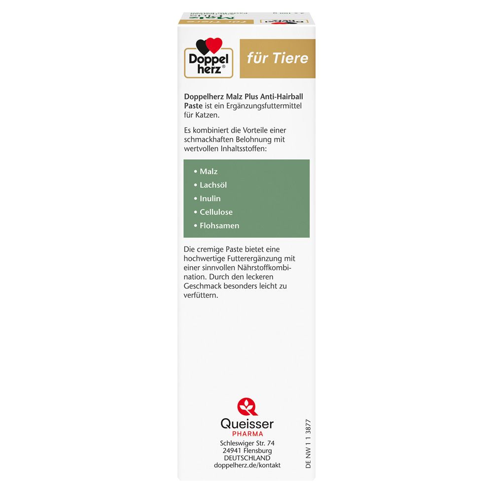 Rückseite der Verpackung von Doppelherz für Tiere Malz Plus. Text mit Inhaltsstoffen und Herstellerinformationen.