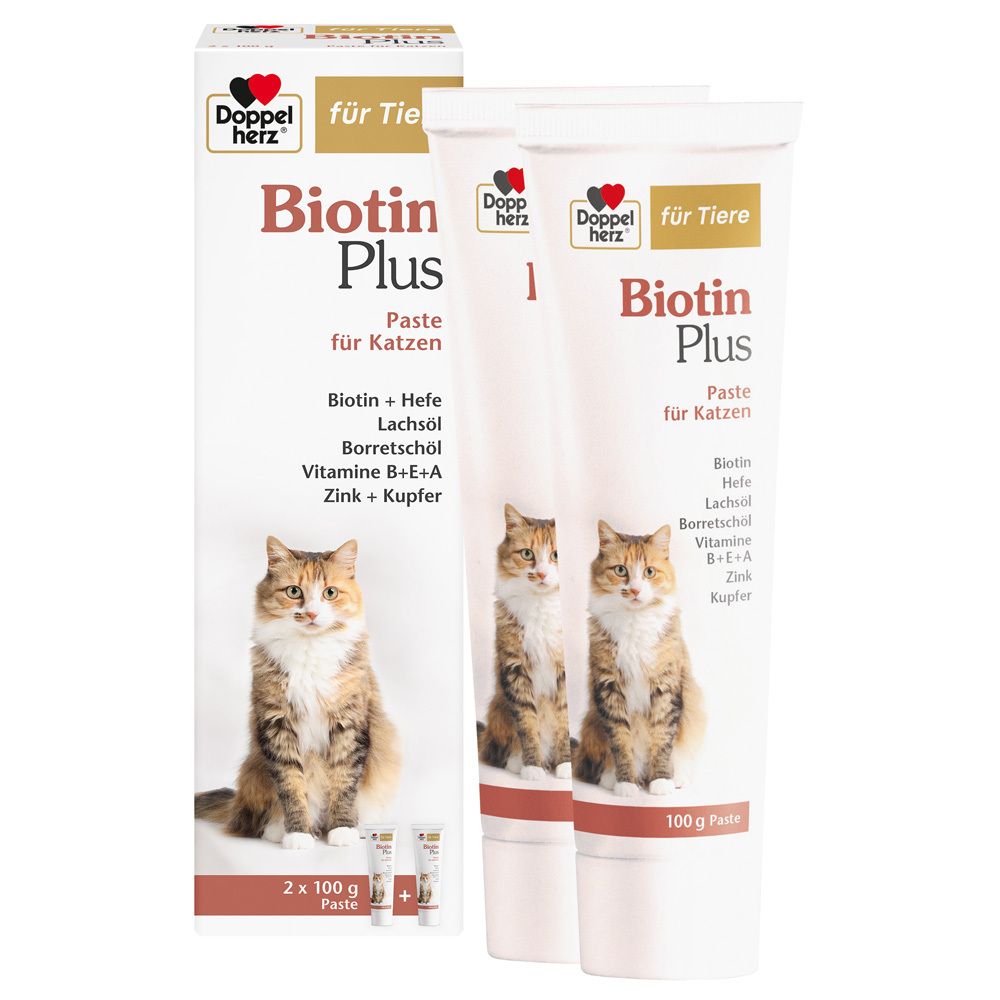 Packung und Tuben Doppelherz für Tiere Biotin Plus für Katzen. Produktname, Katze, Inhaltsstoffe.