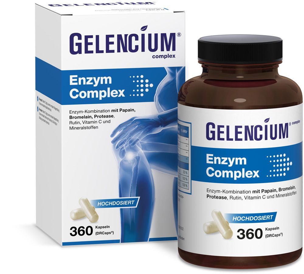 Produktverpackung und Flasche mit Kapseln. Aufschrift: GELENCIUM® complex, Enzym Complex, 360 Kapseln.