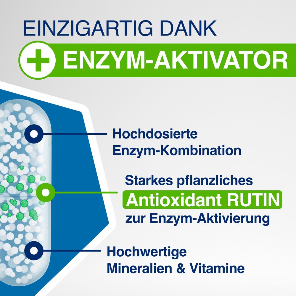 Nahaufnahme einer Kapsel. Text: Enzym-Aktivator, Antioxidant Rutin, Mineralien & Vitamine.