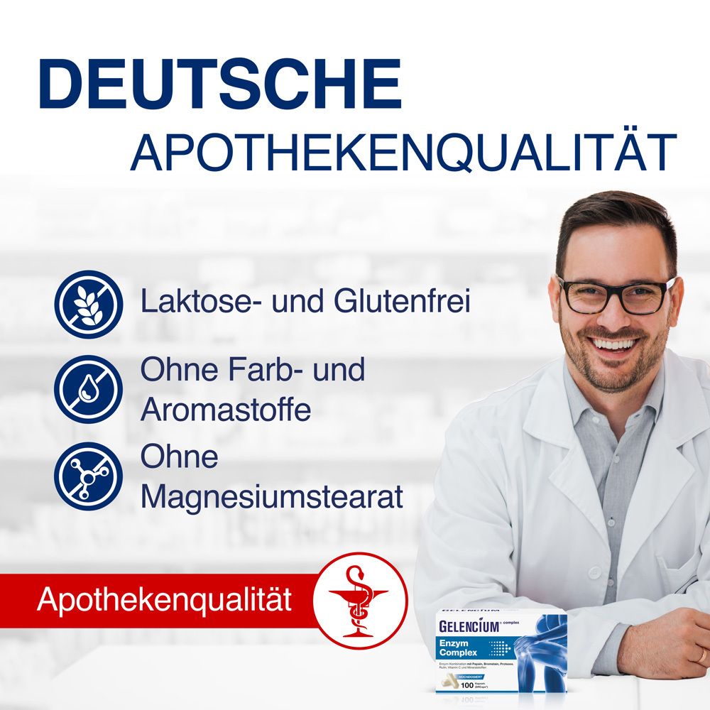 Mann im weißen Kittel. Text: Deutsche Apothekenqualität. Laktose- und glutenfrei. Ohne Farb- und Aromastoffe.