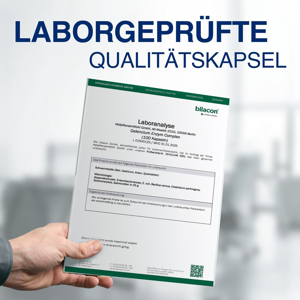 Hand hält Laboranalyse. Text: Laborgeprüfte Qualitätskapsel. Enthält Informationen zu Inhaltsstoffen und Analyse.