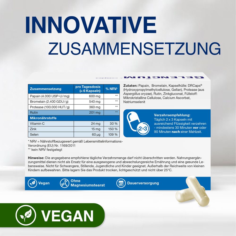 Text: Innovative Zusammensetzung. Tabelle mit Inhaltsstoffen und Nährwertangaben. Vegan-Siegel.
