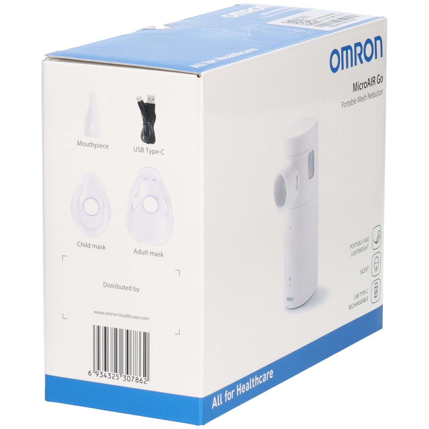 Omron MicroAIR Go tragbarer Mesh-Inhalator auf weißer Verpackung mit Zubehörabbildungen.