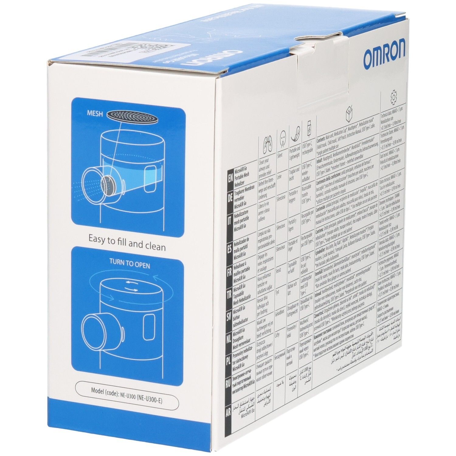 Omron Nebulizer Box mit Anleitungen zur Befüllung und Reinigung. Modellnummer NE-C28.
