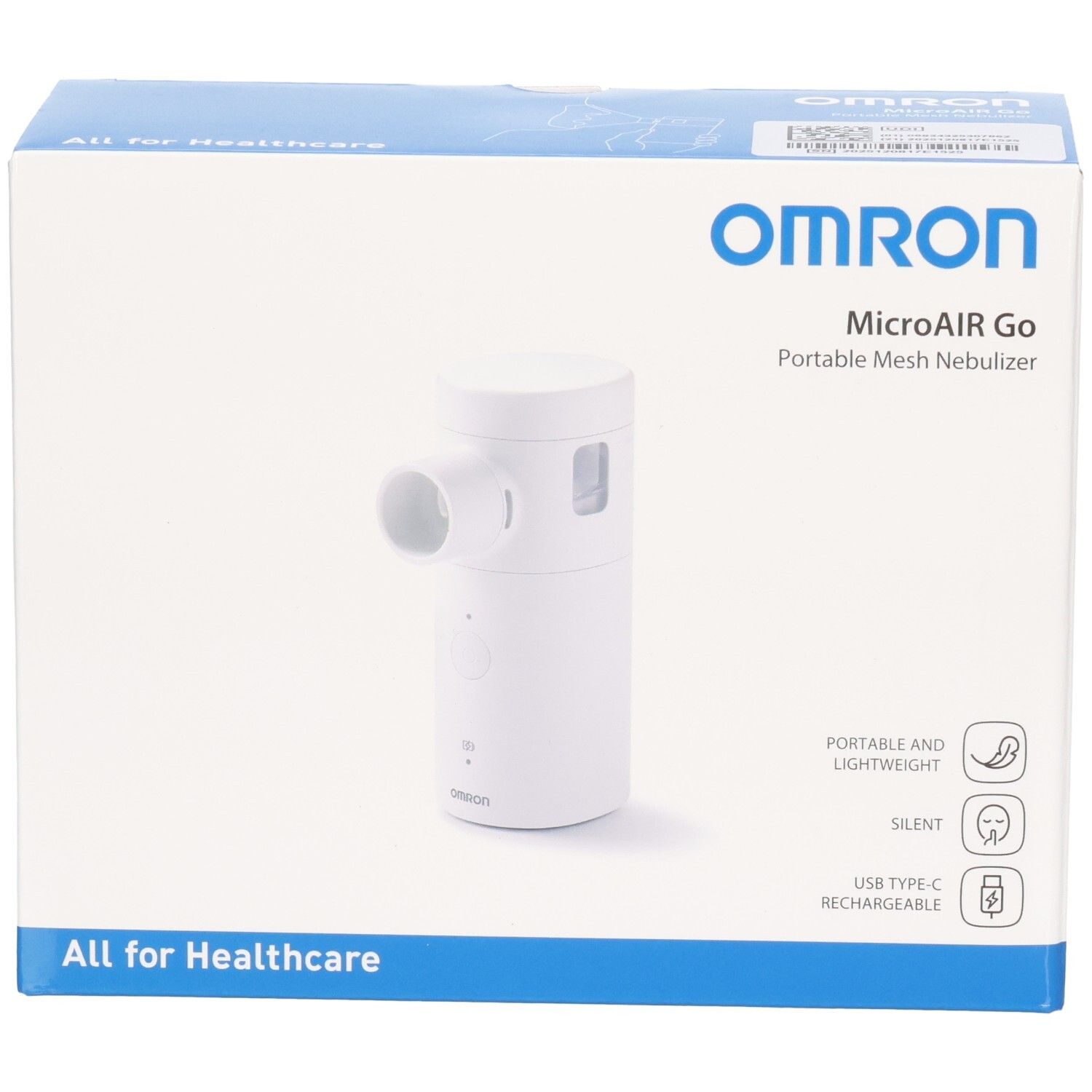 Weiße tragbare Mesh-Nebulizer-Verpackung von Omron MicroAIR Go mit Produktabbildung und Merkmalen wie USB-C.
