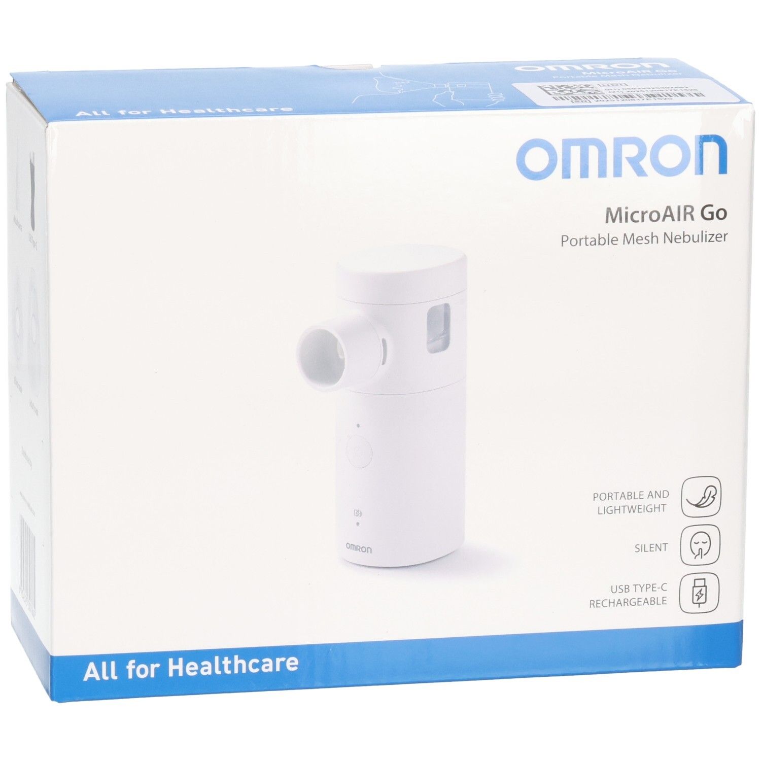 Weiße tragbare Mesh-Inhalationshilfe von Omron, Modell MicroAIR Go. Kompakt und leicht, USB Typ-C aufladbar.
