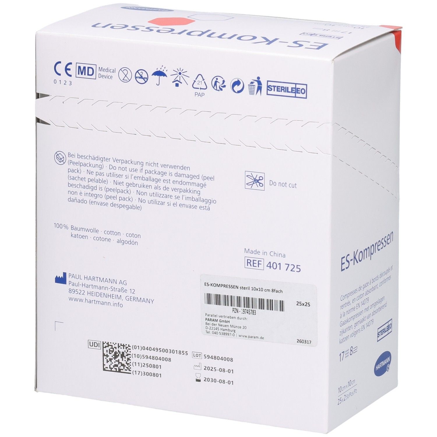 Hartmann ES-Kompressionen Mullkompressen Verpackung, 17x8, 10x10cm, 25 Stück, Rückseite.