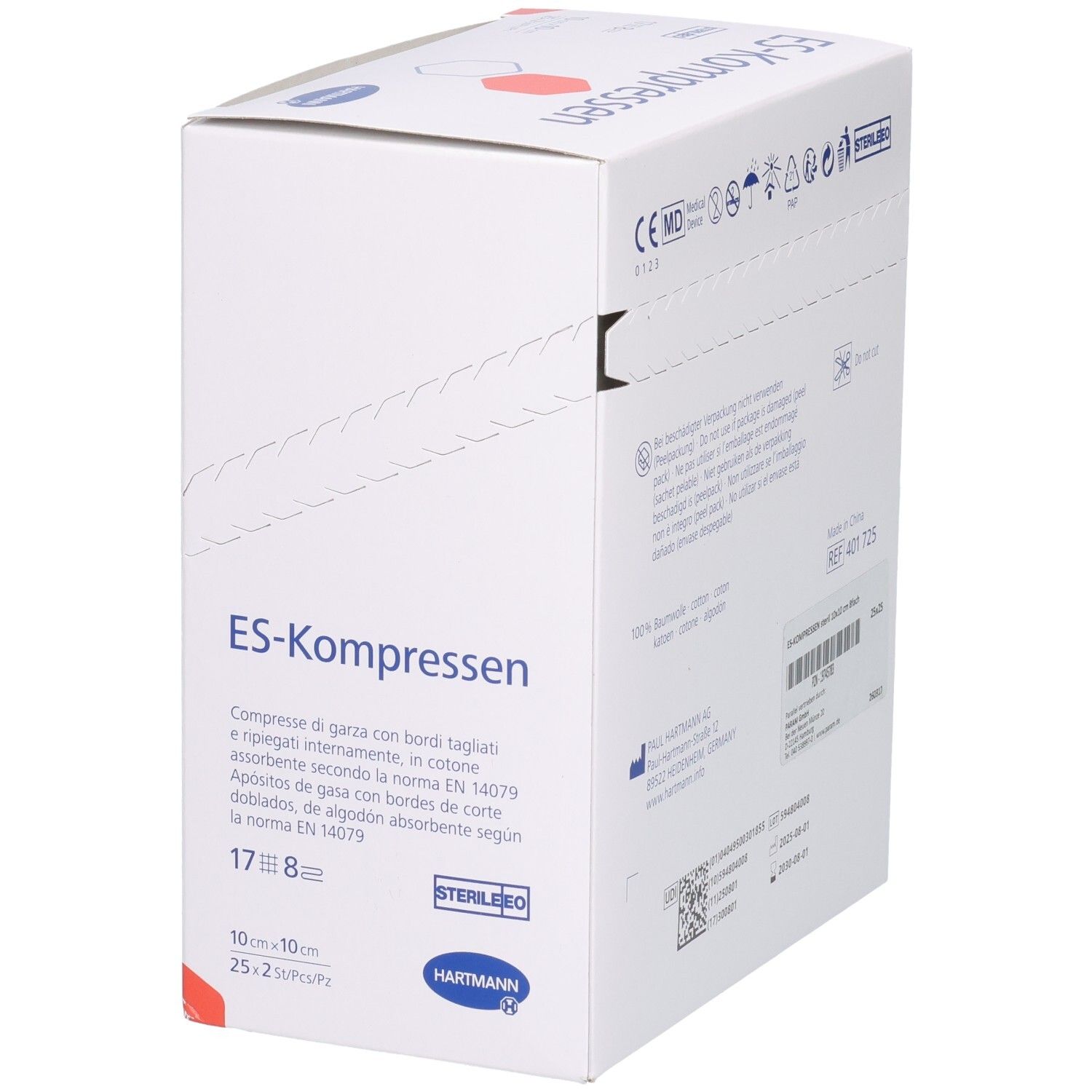 Hartmann ES-Kompressionen Mullkompressen Verpackung, 17x8, 10x10cm, 25 Stück, Seite.
