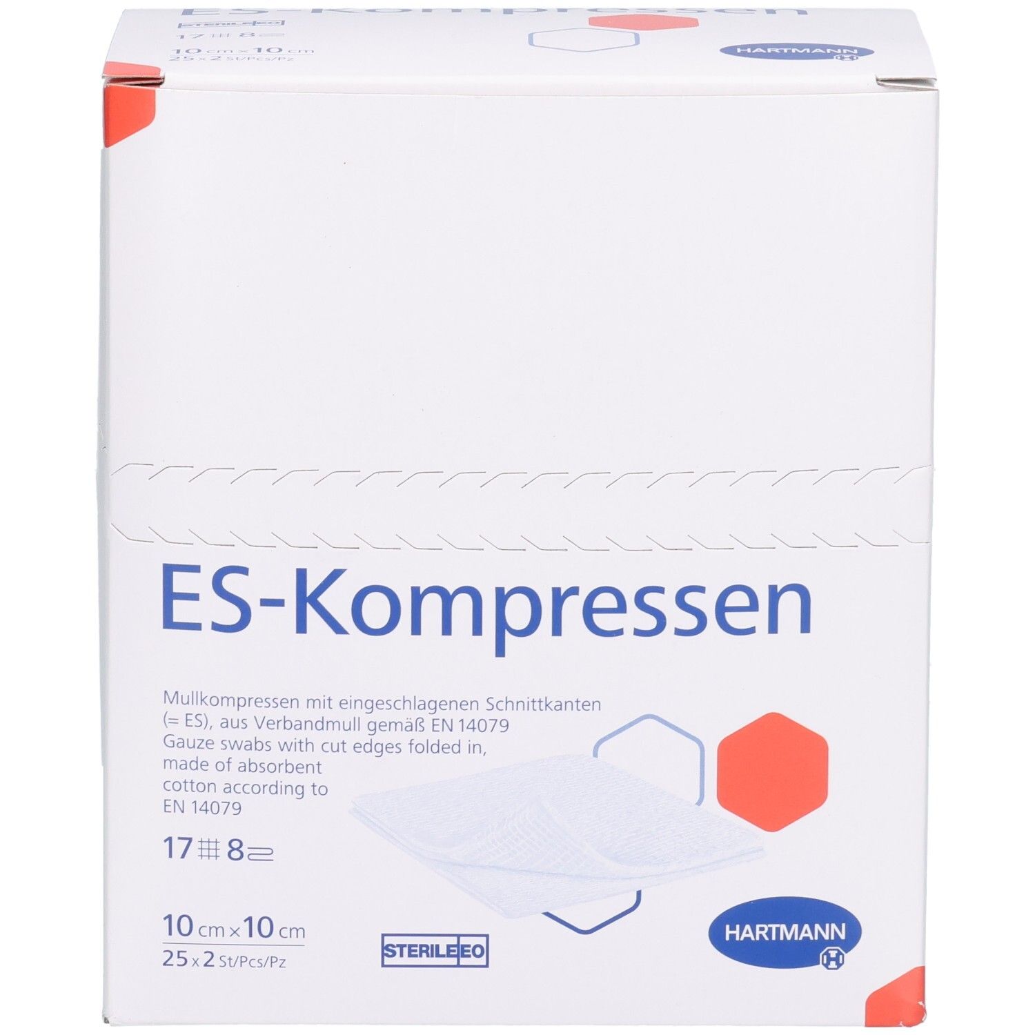 Hartmann ES-Kompressionen Mullkompressen Verpackung, 17x8, 10x10cm, 25 Stück, Vorderseite.