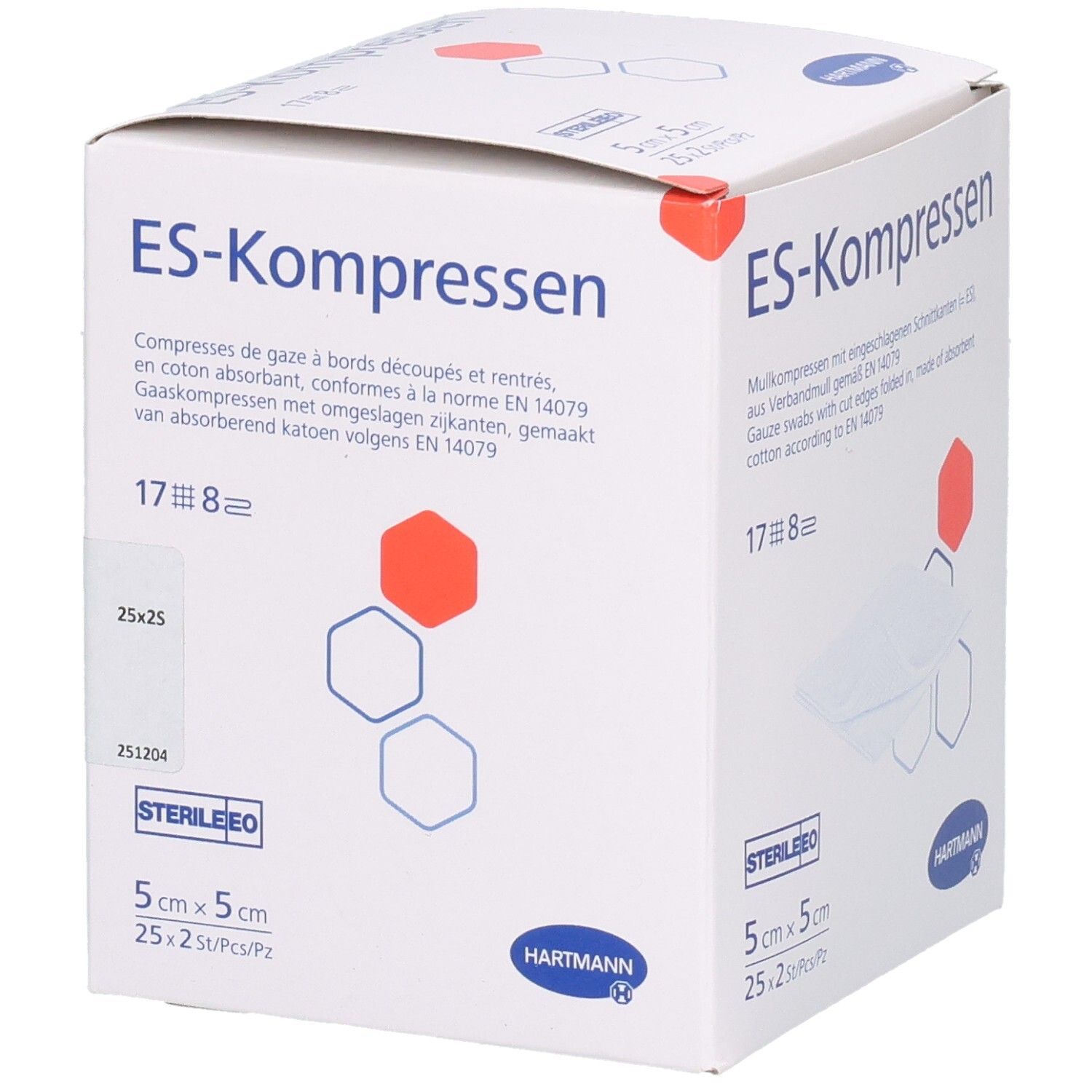Verpackung von ES-Kompressen steril 8fach. 5 x 5 cm. 25 x 2 Stück. Marke Hartmann. Steril.