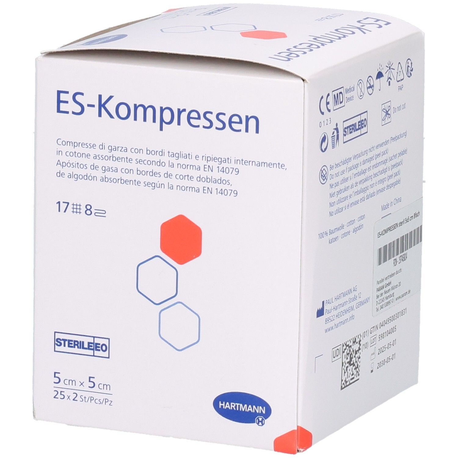 Verpackung von ES-Kompressen steril 8fach. 5 x 5 cm. 25 x 2 Stück. Marke Hartmann. Steril.