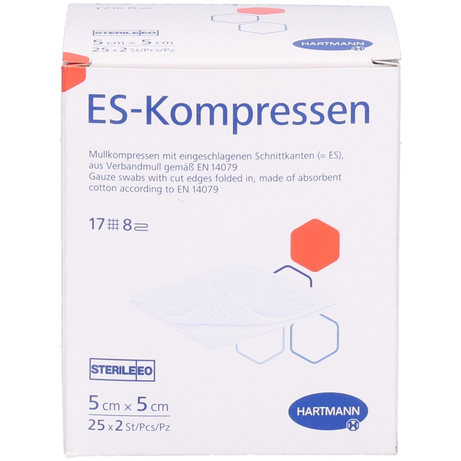 Verpackung von ES-Kompressen steril 8fach. 5 x 5 cm. 25 x 2 Stück. Marke Hartmann. Steril.