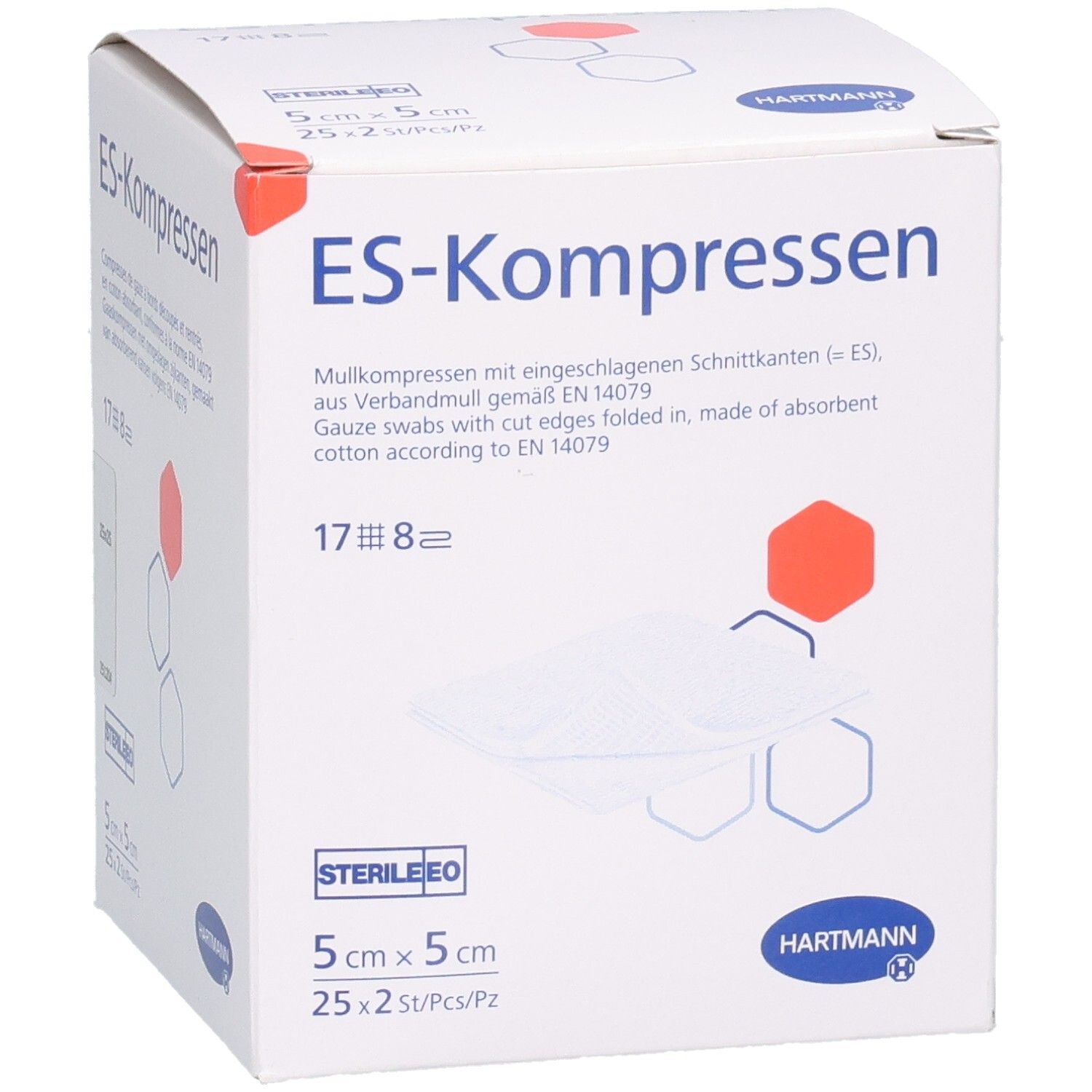 Verpackung von ES-Kompressen steril 8fach. 5 x 5 cm. 25 x 2 Stück. Marke Hartmann. Steril.