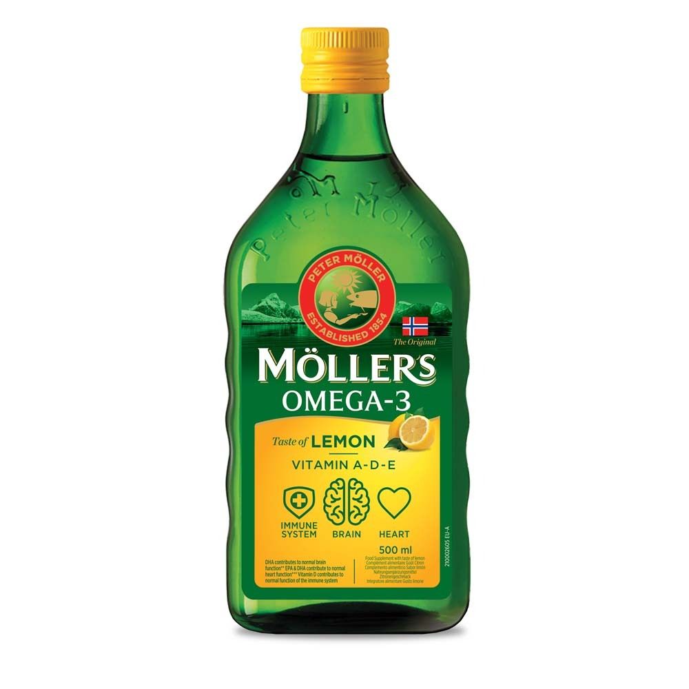 Grüne Flasche Möller's Omega-3 Zitrone. Gelber Deckel, gelbes Etikett mit Produktinformationen und Logos.