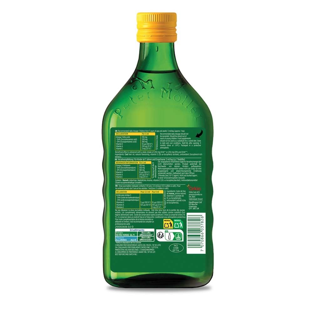Rückseite der grünen Flasche Möller's Omega-3 Zitrone. Enthält Nährwertangaben und weitere Informationen.
