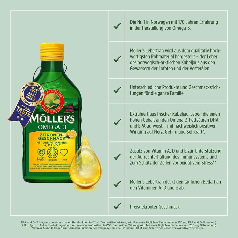 Möller's Omega-3 Zitrone mit Auszeichnungen und Text. Flasche und gelber Tropfen vor grünem Hintergrund.