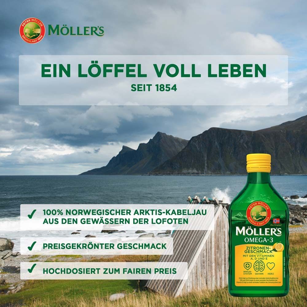 Möller's Omega-3 Zitrone vor Landschaft. Text: Ein Löffel voll Leben. Flasche und Landschaft.