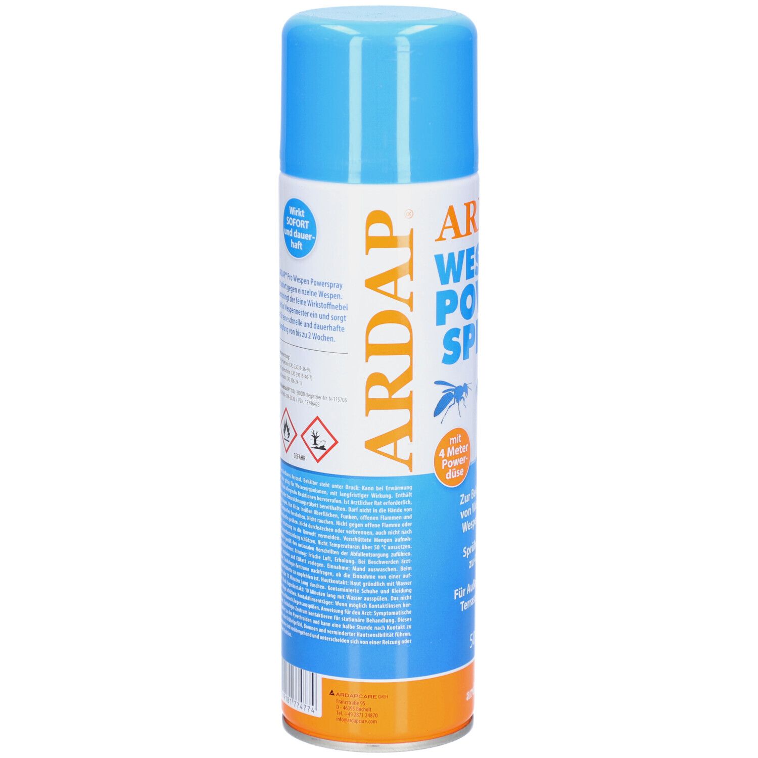Blau-weiße Sprühdose. Aufschrift: ARDAP WESPEN POWER SPRAY. Warnhinweise und Piktogramme. Rückseite mit Text.