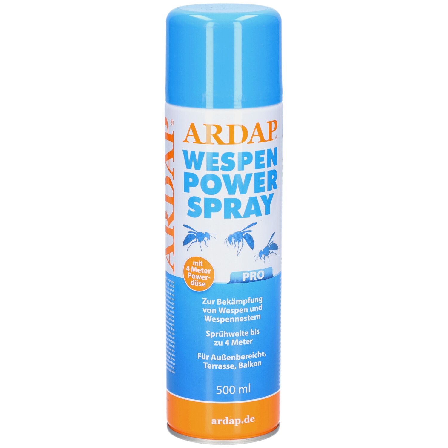 Blau-weiße Sprühdose. Aufschrift: ARDAP WESPEN POWER SPRAY PRO. Mit 4 Meter Powerdüse. Für Außenbereiche. 500 ml.