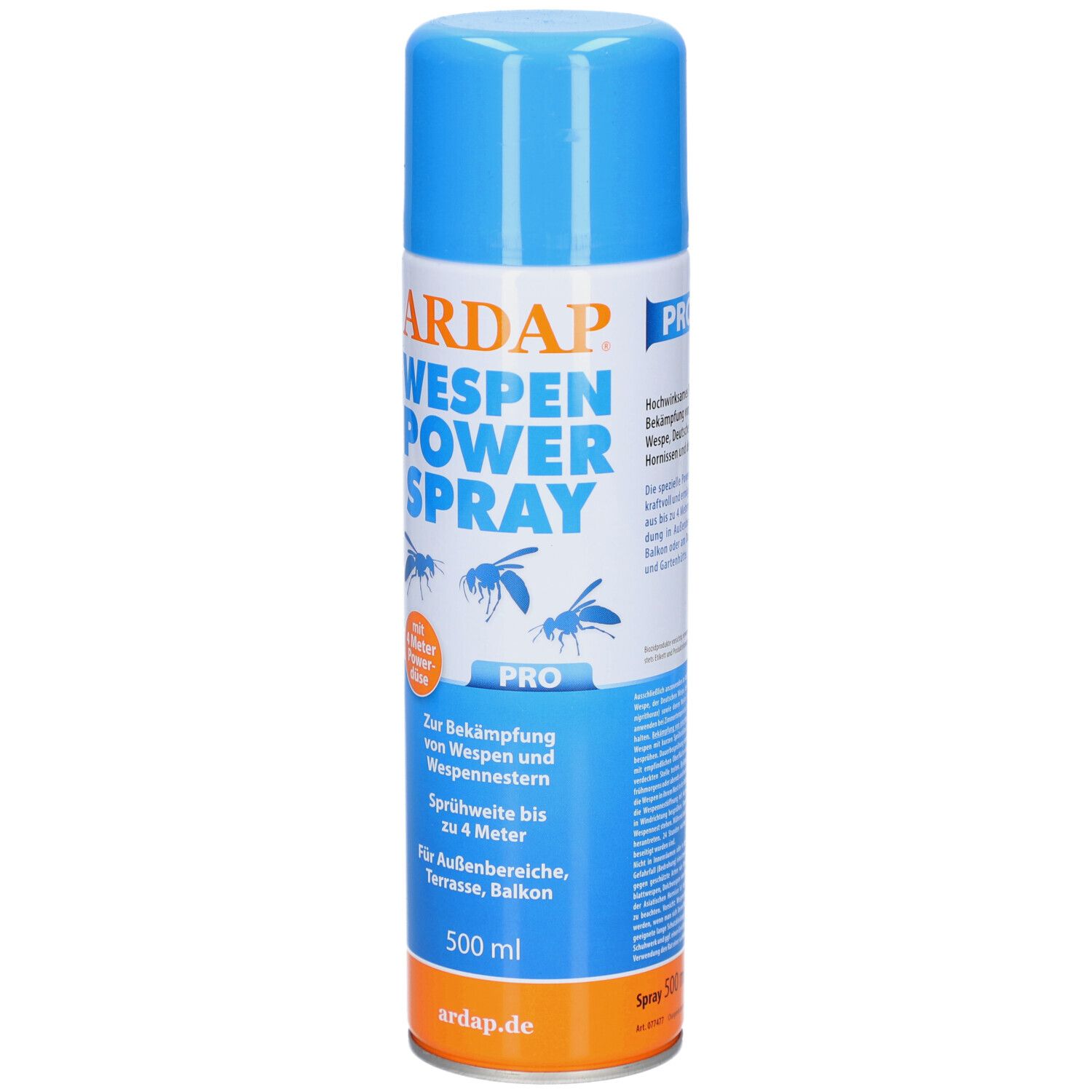 Blau-weiße Sprühdose. Aufschrift: ARDAP WESPEN POWER SPRAY. Mit 4 Meter Powerdüse. Für Außenbereiche. 500 ml.