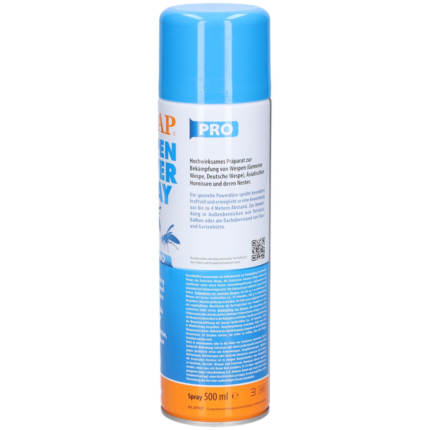 Blau-weiße Sprühdose. Aufschrift: ARDAP WESPEN POWER SPRAY. Rückseite mit Text. 500 ml.