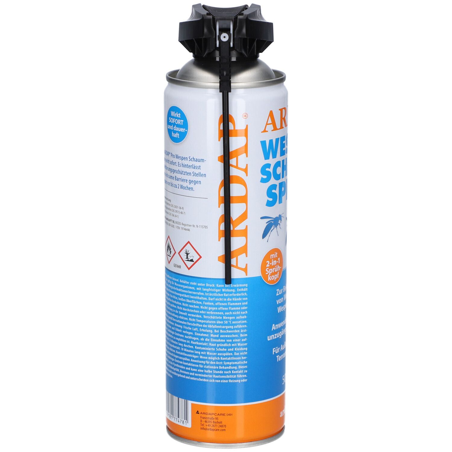 Aerosolspraydose mit Text. Aufschrift ARDAP WESPEN SCHAUM SPRAY. Schwarzer Sprühkopf. Warnhinweise und Text auf der Dose.