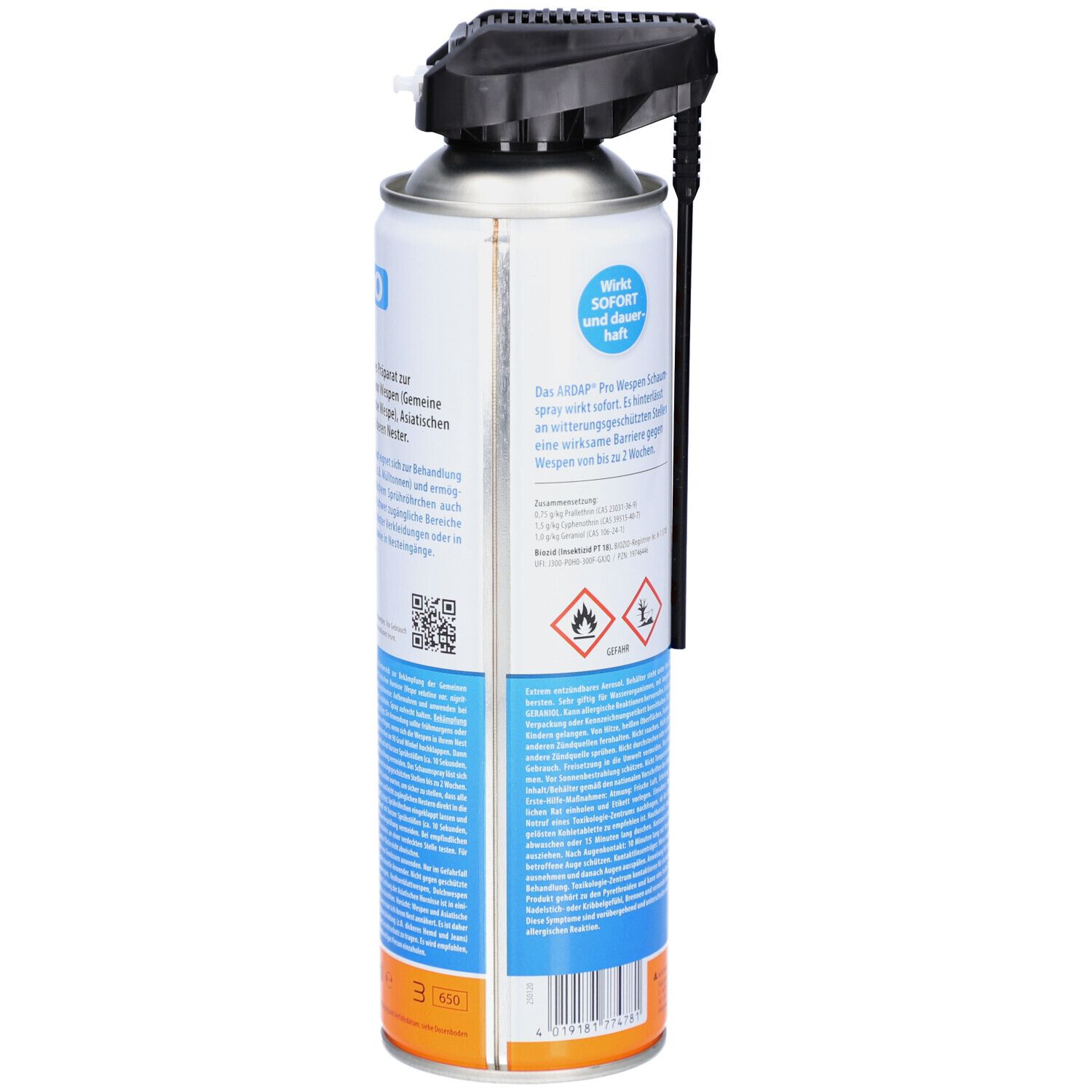 Aerosolspraydose mit Text. Aufschrift ARDAP WESPEN SCHAUM SPRAY. Schwarzer Sprühkopf. Text und Piktogramme auf der Dose.