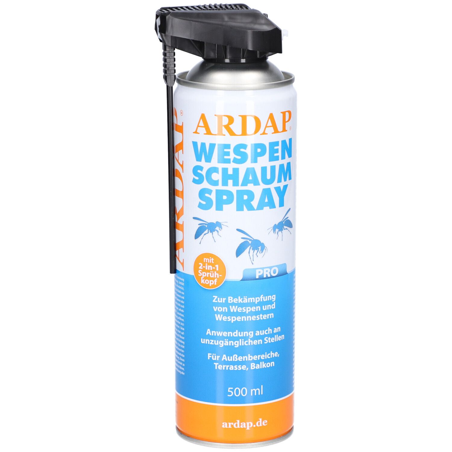 Aerosolspraydose mit schwarzem Sprühkopf. Aufschrift ARDAP WESPEN SCHAUM SPRAY PRO. Blaue und weiße Farbgebung.