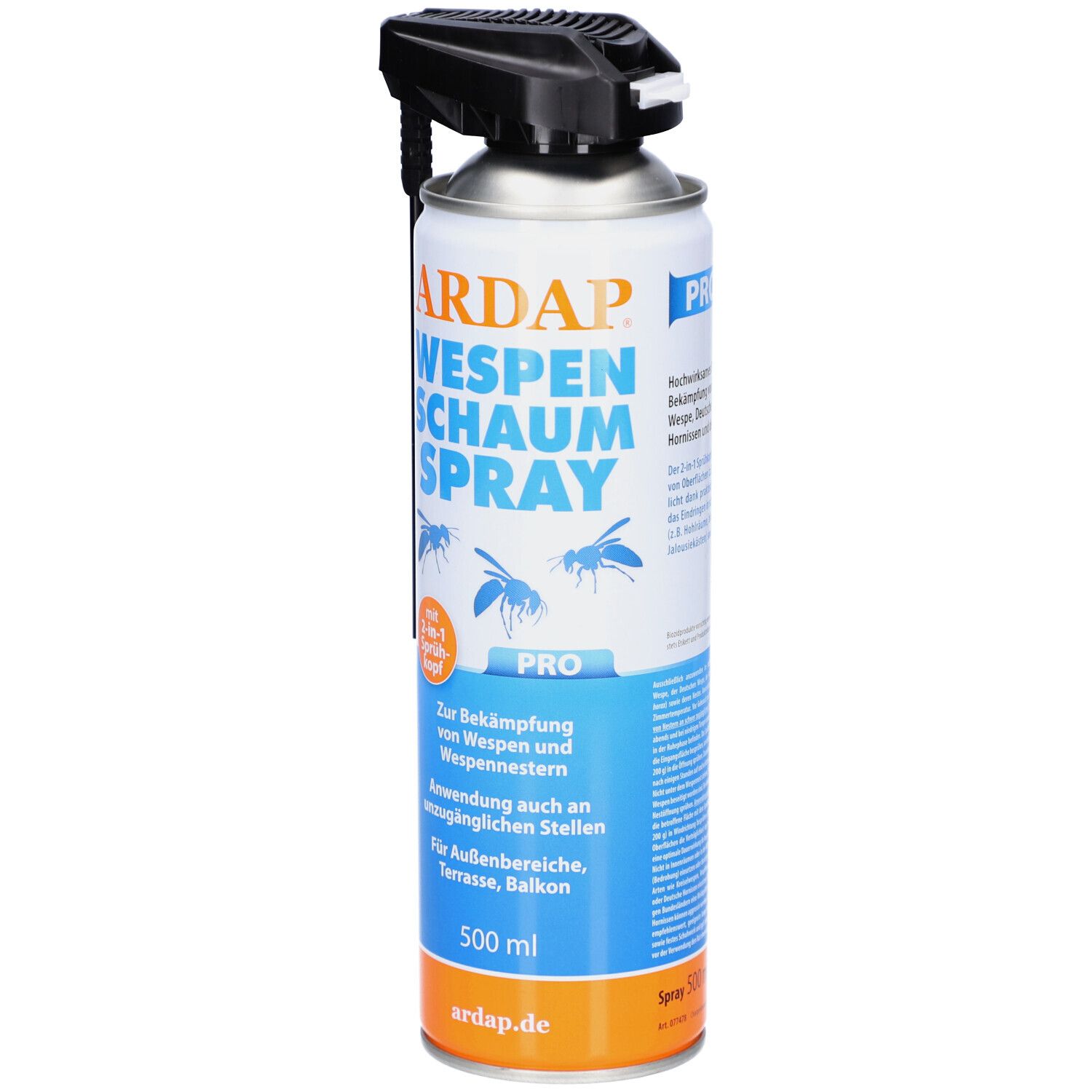 Aerosolspraydose mit schwarzem Sprühkopf. Aufschrift ARDAP WESPEN SCHAUM SPRAY PRO. Blaue und weiße Farbgebung.