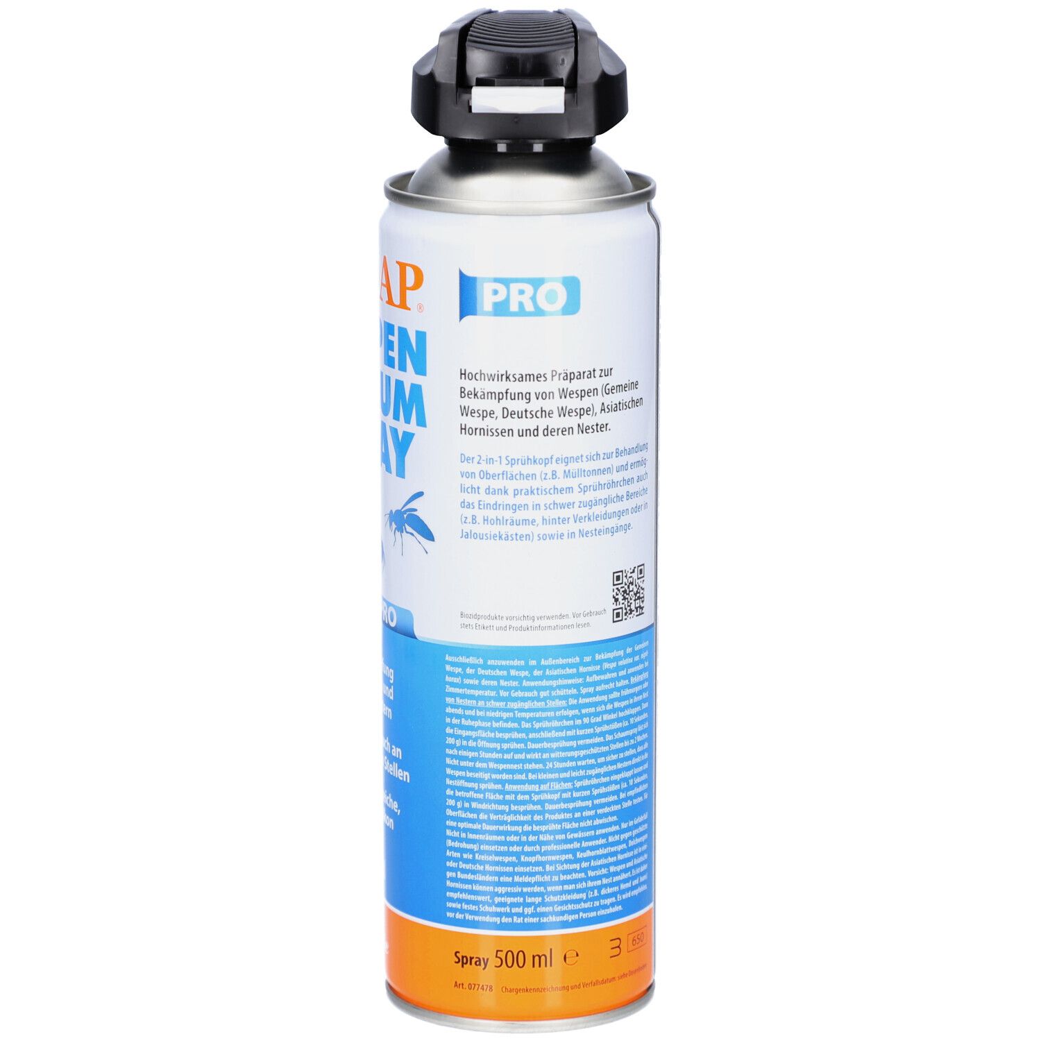 Aerosolspraydose mit Text. Aufschrift ARDAP WESPEN SCHAUM SPRAY. Schwarzer Sprühkopf. Text und Piktogramme auf der Dose.