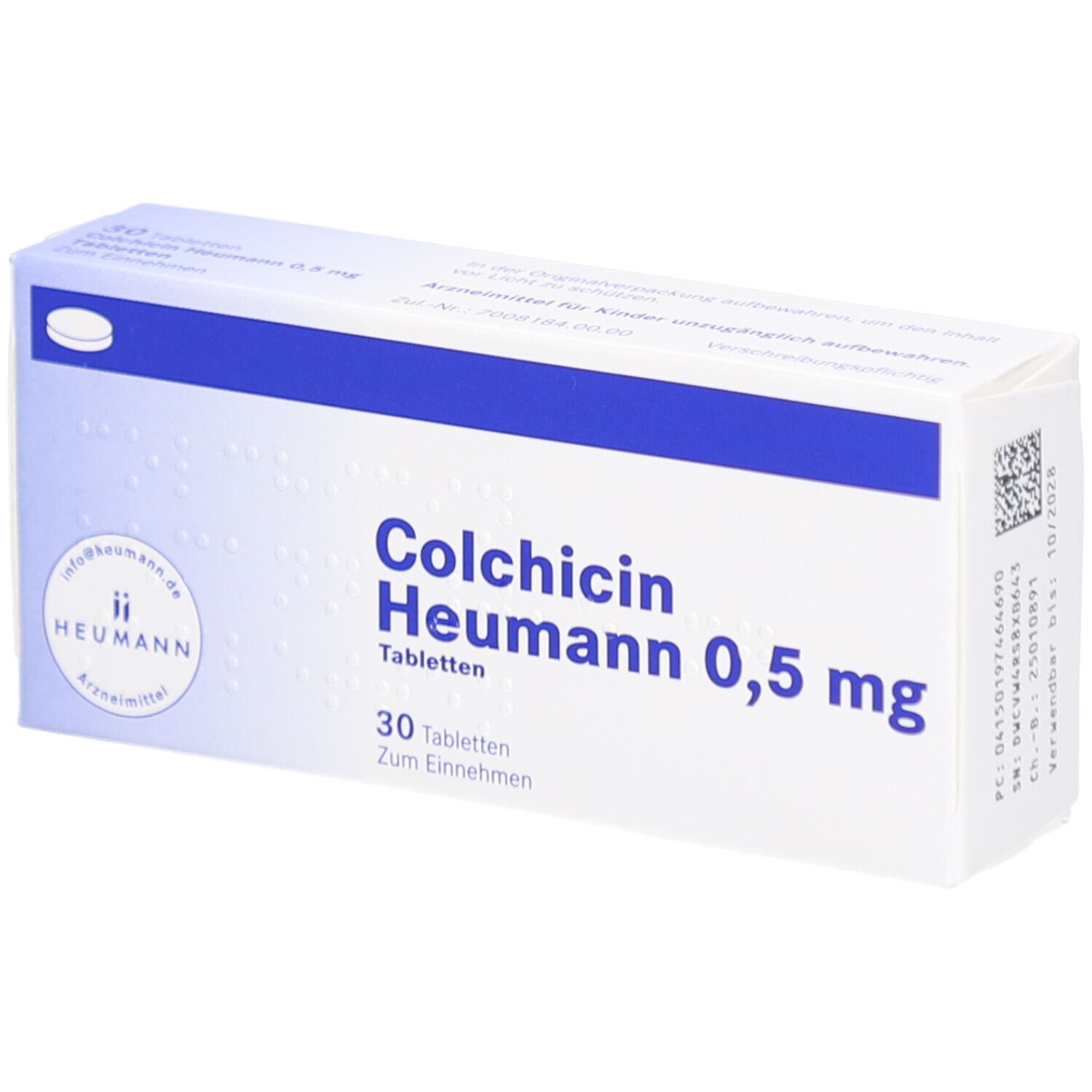 Schachtel mit COLCHICIN Heumann 0,5 mg Tabletten. Blaue und weiße Verpackung. 30 Tabletten. Heumann Logo.