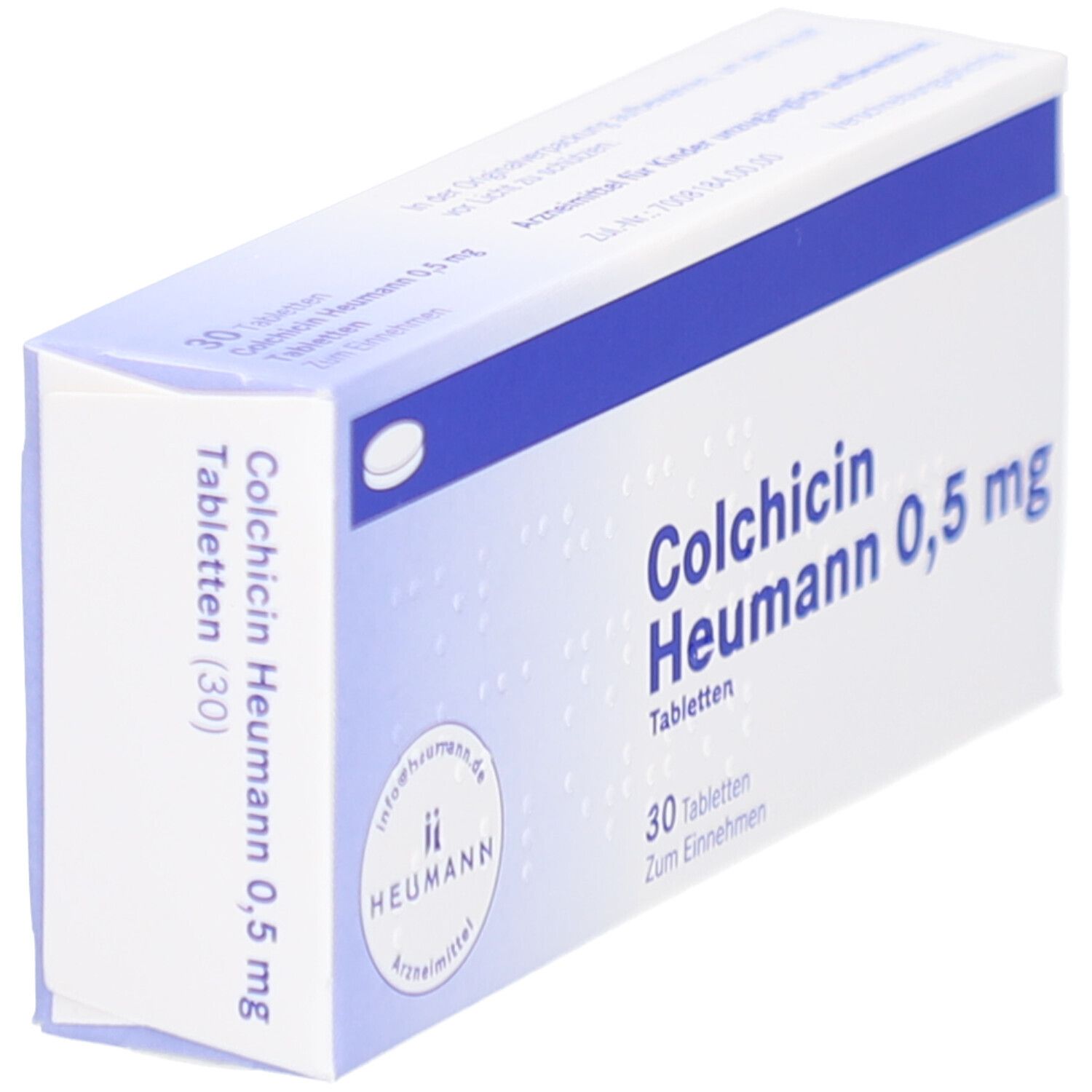 Schachtel COLCHICIN Heumann 0,5 mg Tabletten. Blaue und weiße Verpackung. 30 Tabletten. Heumann Logo.