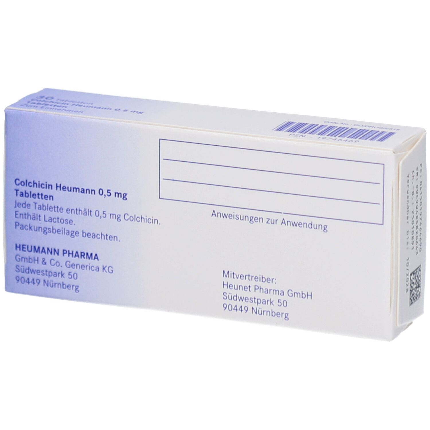 Rückseite der Schachtel COLCHICIN Heumann 0,5 mg Tabletten. Textinformationen und Herstellerangaben. Weißer Hintergrund.