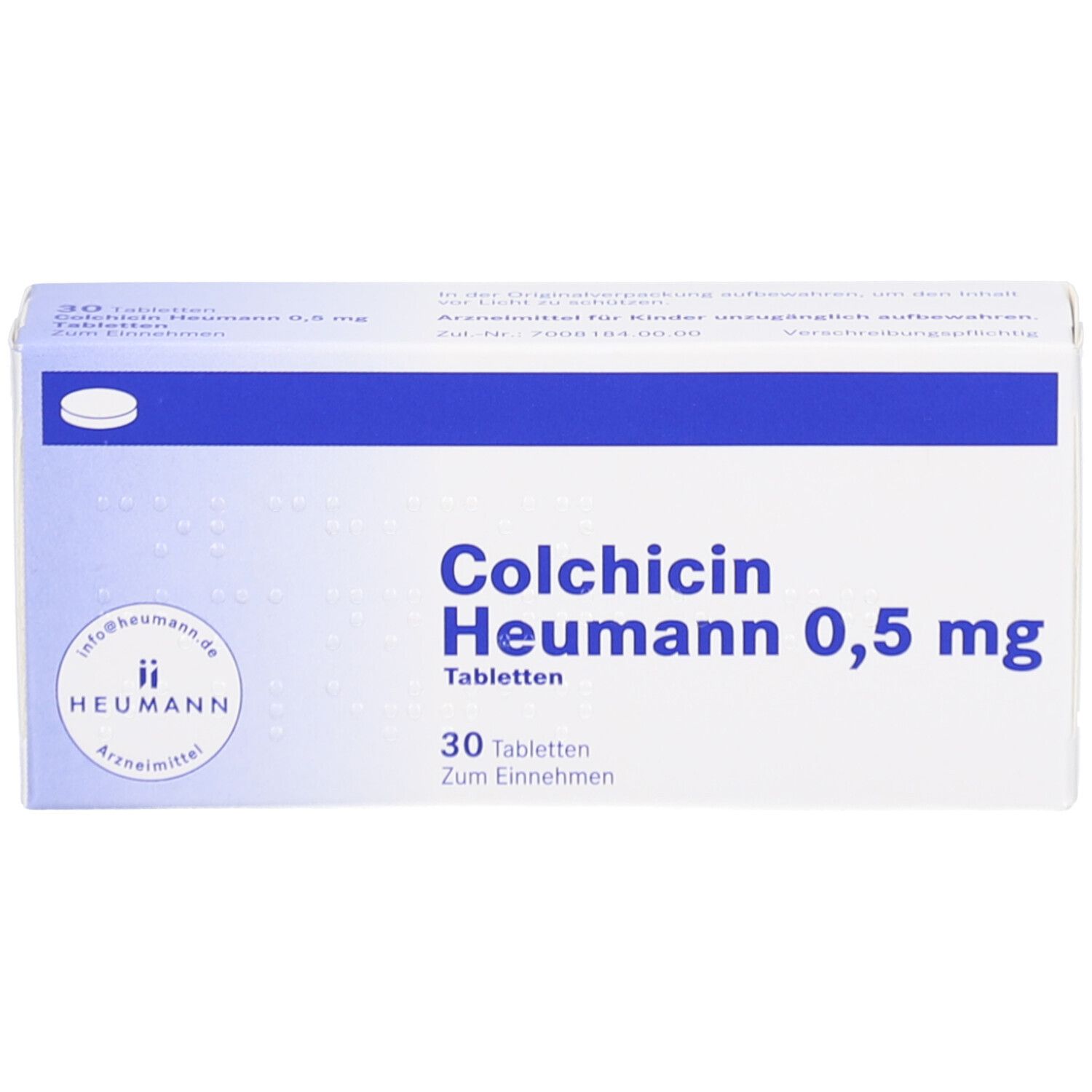 Schachtel COLCHICIN Heumann 0,5 mg Tabletten. Blaue und weiße Verpackung. 30 Tabletten. Heumann Logo.