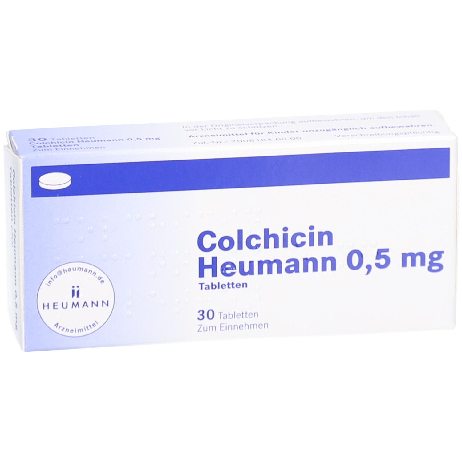 Schachtel COLCHICIN Heumann 0,5 mg Tabletten. Blaue und weiße Verpackung. 30 Tabletten. Heumann Logo.